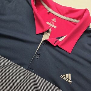 ADIDAS Mens 2XL‎ BRIGHT PINK/BLUE/WHITE STRIPES POLO SHIRT Golf Stretch Hyperion